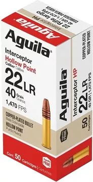 Picture of Aguila Rimfire Ammo - 22 LR, 40Gr, Copper Coated Lead, Interceptor HP, 50rds Box, High Velocity, 1470fps