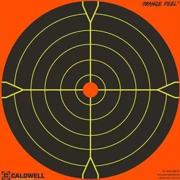 Picture of Caldwell Orange Peel Bullseye Targets, 8", Orange, Adhesive-Backed, Featuring Dual-Color Flake-Off Technology, 25 Sheets Pack