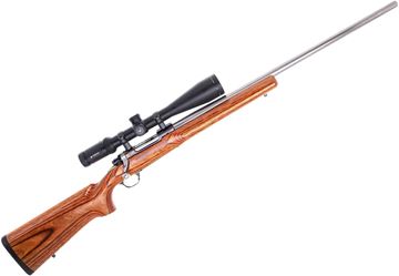 Picture of Used Ruger M77 MK II Stainless Heavy Barrel Bolt Action Rifle, 223 Rem, 26" Heavy Stainless Barrel, Vortex Viper 6-24x5-, Laminate Target Varmint Stock, Good Condition
