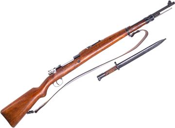 Picture of Used FN Mauser Mle. 50 Bolt-Action Rifle, 30-06, 24" Barrel, Full Military Wood Stock, Receiver Crest Scrubbed, Numbers Matching, With Leather Sling, Bayonet, Soft Case, Very Good Condition