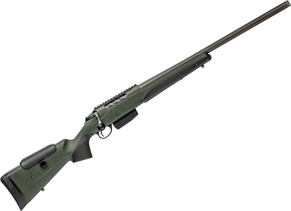 Picture of Tikka T3X Super Varmint Bolt Action Rifle - 6.5 Creedmoor, 23.7'' Heavy Barrel, Tungsten Cerakote Finish, Green Modular Synthetic Stock, Standard Trigger, 5rds, No Sights