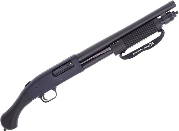Picture of Used Mossberg 590 Shockwave Pump-Action Shotgun, 12Ga, 3", 14" Barrel, Blued, Synthetic Birds Head Grip, Velcro Side Saddle Mounting Patch, Cylinder Bore, Good Condition