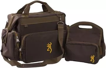 Picture of Browning Shooting Accessories - Comp Series Range Bag, Ripstop Fabric, 5 Zippered Pockets, Line Bag Included Holds 4 Boxes of Shells, 18''x 11''x 12.5'', Brown/Gold