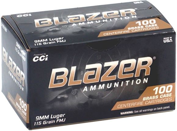 Picture of CCI 51991BB Blazer Brass Centerfire Pistol Ammo 9MM Luger 115 Grain Full Metal Jacket 100 Rnd Per Box