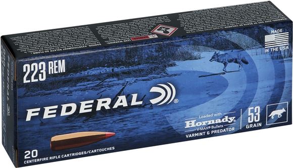 Picture of Federal V223VM53 Varmint & Predator Hornady V-Max, .223, 53 Grain, 20 Rounds Per Box
