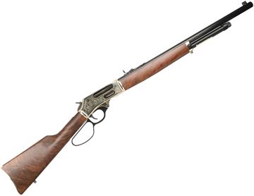 Henry Brass Lever-Action Rifle - 45-70 Govt, 22", Octagon Blued Steel, 1:20 Twist, Bear and Moose Engraved Brass Receiver, American Walnut Stock, 4rds, Fully Adjustable Semi-Buckhorn With Diamond Insert. Large Loop. — Reliable Gun