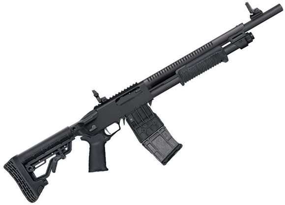 Picture of Mossberg 590RM Mag-Fed Pump Action Shotgun - 12Ga, 2-3/4", 18.5" Barrel With Heat Shield, Parkerized, 5-Pos Adjustable Stock w/Interchangeable Pad, MOE Pistol Grip, 2 QD Ports, Compact Forend, AR-Style Rotary Safety, Magpul MBUS 3 Sights, Picatinny Rail,