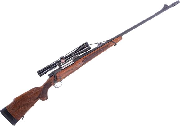 Picture of Used Model 70 Bolt-Action Rifle, 338 Win Mag, 24" Barrel, Parkerized, Wood Stock, Leupold Vari-X II 3-9x40 Riflescope, Muzzle Brake, 1971 Mfg, Push Feed, Rigs Rusted, Fair Condition