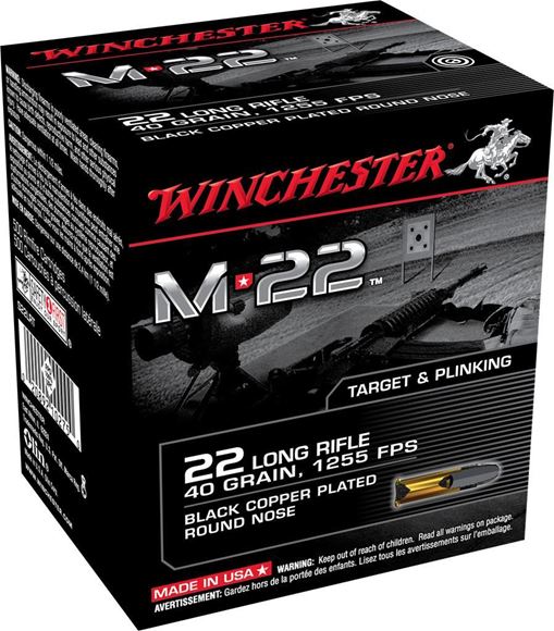 Picture of Winchester M22 Rimfire Ammo - 22 LR, 40Gr, Black Copper Plated Round Nose, 500rds Bulk Box, 1255fps
