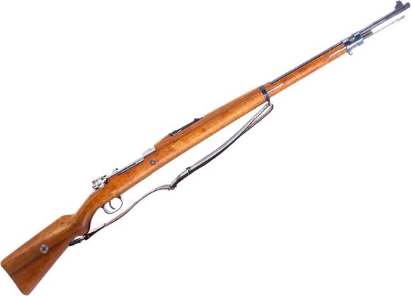 Picture of Used Mauser Model 1908 Brazilian Contract Bolt-Action Rifle - 7x57, 29.5" Barrel, Full Miliitary Wood Stock, Matching Numbers, Matching Bayonet, Framed Original Test Target, Leather Sling, Muzzle Cap, Very Good Condition