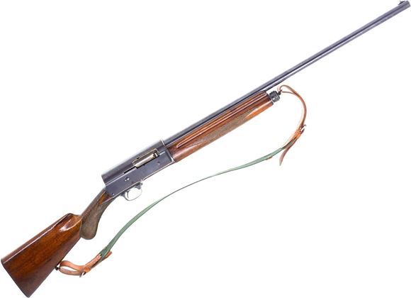 Picture of Used FN Browning Auto 5 Semi-Auto Shotgun, 12 Ga, 2-3/4", 27.5" Barrel, Blued, Wood Stock, Pre WWII Mfg, Green Canvas Sling, Glued Crack Through Handguard, Stock Lacquered, Fixed Full Choke, Fair Condition
