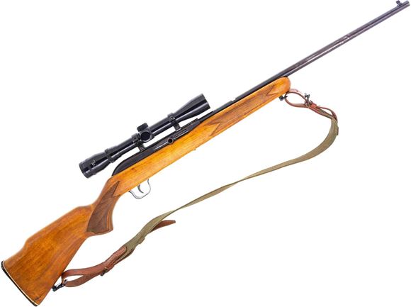 Picture of Used Lakefield 64B Semi-Auto Rifle, 22LR, 20" Barrel, Blued, Wood Stock, Green Canvas Sling, Tasco Wideview Riflescope, 1 Magazine, Stock Cracked At Toe, Overall Fair Condition