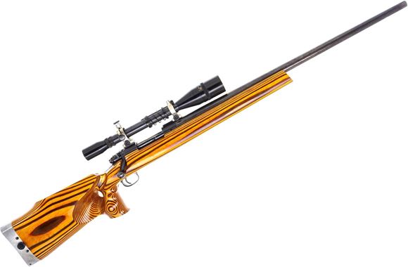 Picture of Used Winchester Model 70 Bolt-Action 7mm Gibbs, 28" Heavy Barrel, With 10x Unertl Scope, Pre 64 Action - Single-Shot, Laminate Thumbhole Target Stock, Barrel Finish Worn, Otherwise Good Condition