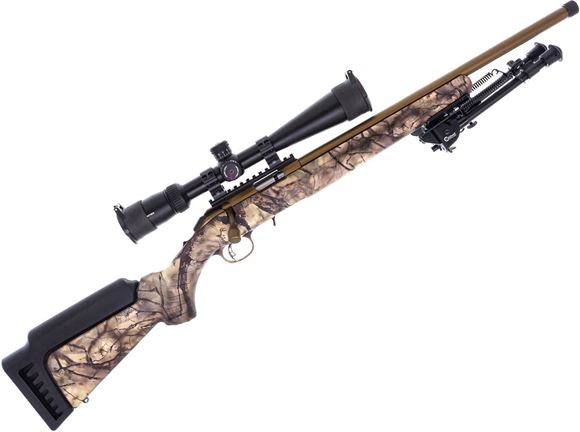Picture of Used Ruger American Rimfire Bolt Action 22 LR, 18" Threaded Barrel, With Vortex Diamondback Tactical 4-12x40mm Scope, Burnt Bronze Cerakote Finish, GO Wild Camo Synthetic Stock, Bipod, 3 Mags, Very Good Condition