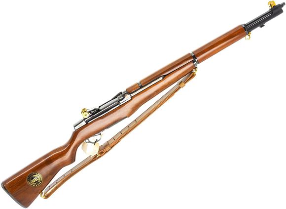 Picture of Used Springfield WWII Commemorative M1 Garand Semi-Auto 30-06 Sprg, 24" Barrel, High Gloss Finish with Gold Accents, Includes Display Case & Certificate, 5 Enbloc Clips, Chip in Buttstock at Toe, Otherwise As New Condition