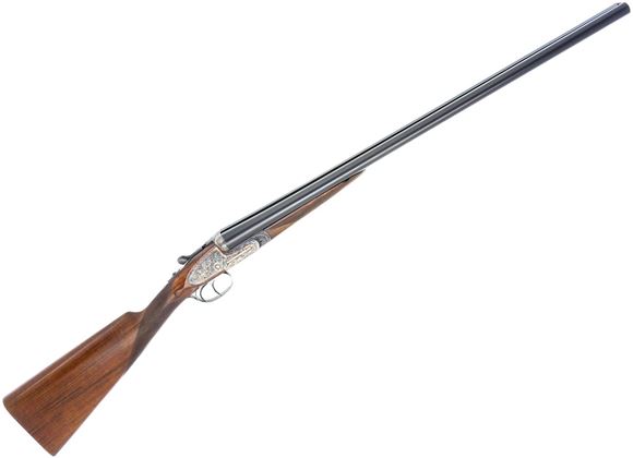 Picture of Used AYA Model No.2 Sidelock SxS Shotgun, 12-Gauge, 2 3/4", 28" Barrels (IC/Mod Choke), Floral Engraving, Colour Case Hardened, English Stock, Double Trigger, Chip On Right Side Of Forearm, Otherwise Good Condition