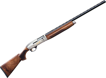 Picture of Benelli Montefeltro Silver Semi-Auto Shotgun - 12Ga, 3", 28", Vented Rib, Gloss Blued, Engraved Nickel-Plated Alloy Receiver With Gold Bird, Highly-Figured AA-Grade Walnut Stock, 4rds, Red-Bar Front & Metal Mid-Bead Sights, Crio Extended Chokes (C,IC,M,IM