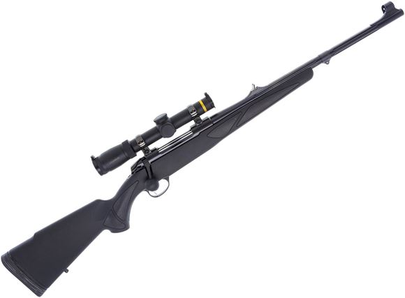 Picture of Used Sako 85 Black Bear Bolt-Action 9.3x62mm, 20" Fluted Barrel w/ Sights, Leupold VX-5HD 1-5 Fire Dot Reticle, Alumina Scope Caps, Sako Rubber Bolt Knob, Soft Touch Synthetic Stock, Limbsaver Pad, One Mag, Very Good Condition