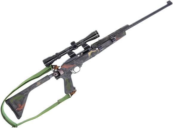 Picture of Used Ruger 10/22 Semi Auto, 22 LR 18'' Barrel w/Sights, Choate Folding Stock, Camo Paint, 3-9x32 Scope w/See Through Rings, 1 Magazine, Fair Condition