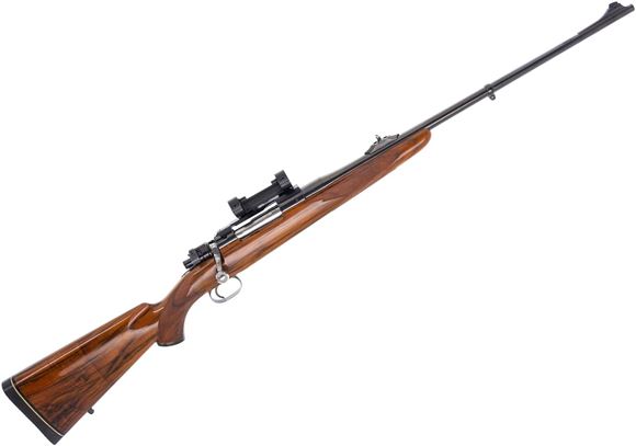 Picture of Used Frank Pachmayr Custom Mauser Bolt-Action 7mm Rem Mag, 24" Barrel w/ Sights, With 1" Tip-Off Scope Mount, Brazilian Walnut Stock, Grip-Cap Medalliion Says: "Donated by Nan & Frank Pachmayr to Wetlands for Iowa", Excellent Condition