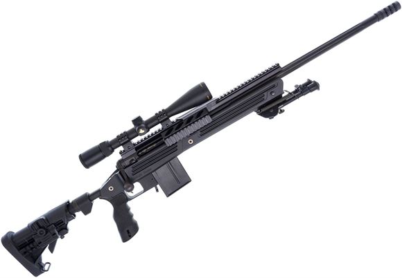 Picture of Used Savage Arms Model 10 BAT Bolt Action Rifle, .308 Win, 24" Heavy Fluted Barrel w/Brake, Black Aluminum Chassis, Top & Side Rail, Adjustable Buttstock, Nikon Buckmaster 4.5-14 Scope, Harris Bipod, 1 Magazine, Very Good Condition