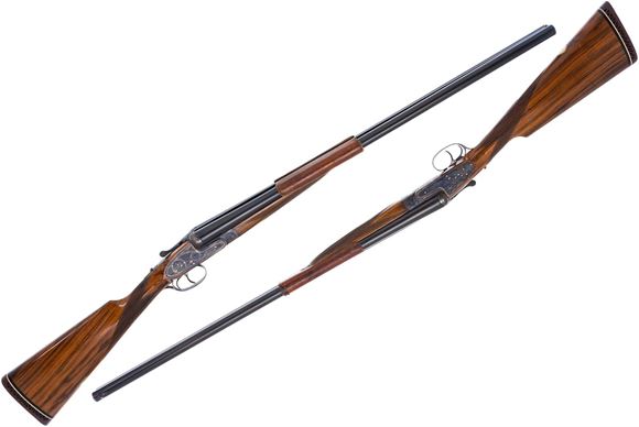 Picture of Used Pedro Arrizabalaga Matched Pair of Side by Side Ejecting Sidelock Shotguns, 12ga, 2 3/4, 720mm Barrels, Numbered 1&2, English Stock(14 3/4" LOP), Double Triggers, Floral Engraving, Colour Case Hardened, Splinter Forend, Thin Wall Chokes, Leather Doub