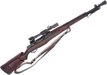 Picture of Used Winchester M1D Garand Semi-Auto Rifle, 30-06 Sprg, 24" Barrel, Full Military Wood, With Danish M84 Riflescope, Conical Flash Hider, Leather Cheek Piece, Leather Sling, Bayonet, 2 Clips, 1944 Mfg, Very Good Condition