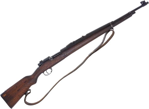 Picture of Used DWM Espingarda M1904-39 (Portuguese Mauser) Bolt-Action 8x57mm, 24" Barrel, Full Military Wood, With Bayonet & Scabbard, Leather Sling, Repair In Buttstock, Overall Good Condition