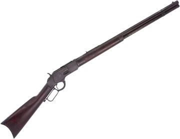 Picture of Used Winchester 1873 Lever Action Rifle, 44 Cal 24'' Octagon Barrel w/Sights, Crescent Butt Plate, Stock Is Repaired, Barrel Is Pitted, SIN Engraved on Lever, 1888 Mfg. Poor Condition