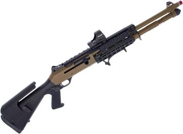 Picture of Used Benelli M4 Tactical Semi-Auto Shotgun - 12Ga, 3" Chamber, 18.5" Barrel, Flat Dark Earth Cerakote, Strike Industries Handguard & LINK Foregrip, Side Armor Picatinny Rail with Quick Release Side Saddle, Holosun HS510C, Briley LM Extended Choke, Fixed S