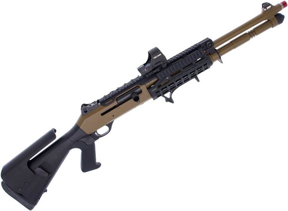 Picture of Used Benelli M4 Tactical Semi-Auto Shotgun - 12Ga, 3" Chamber, 18.5" Barrel, Flat Dark Earth Cerakote, Strike Industries Handguard & LINK Foregrip, Side Armor Picatinny Rail with Quick Release Side Saddle, Holosun HS510C, Briley LM Extended Choke, Fixed S