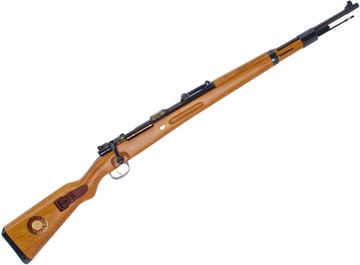 Picture of Used WWII Allied Victory Commemorative Mauser Kar 98k Bolt Action Rifle - 7.92mm Mauser, 24" Barrel, 1940s Mfg, Rebuilt after 1968, #13 of 500, Buttstock Medallion, Inlay on Extractor, Some Eagle Proofs Still Visible, Reproduction Leather Sling, Soft Case