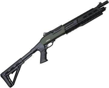 Canuck Commander Pump-Action Shotgun - 12ga, 3", 14", Distressed Olive Drab Ceraktoe, Black Synthetic Adjustable Pistol Grip Stock, Fiber Optic Front Sight And Ghost Ring Rear Sight, Optic Rail, Mobil Choke Flush (C,M,F) + Breacher Choke, 4+1rds — Reliable Gun