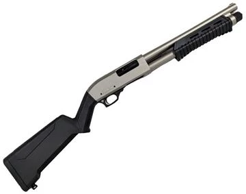 Canuck Defender Marine Pump-Action Shotgun - 12Ga, 3", 14", Nickel Finish Barrel And Receiver, Black Synthetic Fixed Stock, Chokes (F,M,C Breacher) Black Bead Front Sight, 4+1rds — Reliable Gun