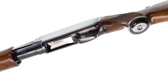 Picture of Used Browning Model 12 Pump-Action Shotgun - 28Ga, 2-3/4", 26" Barrel, Blued, Wood Stock, Vent Rib, Takedown, Briley Threaded Chokes (SK, IC, M, F), Crack in Tang, Good Condition