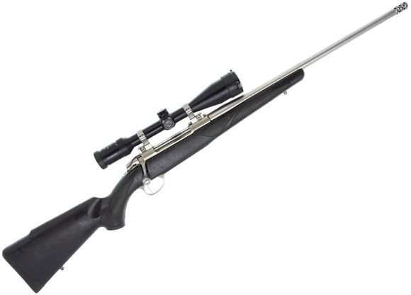 Picture of Used Sako 85 Stainless Bolt-Action Rifle - 338 Win Mag, 20" Barrel, Synthetic stock, Zeiss Conquest 4.5-14x44 Rapid Z 800 Reticle, Radial Muzzle Brake (Dented), 2x Mags, Original Box, Stock is Sticky, Fair Condition