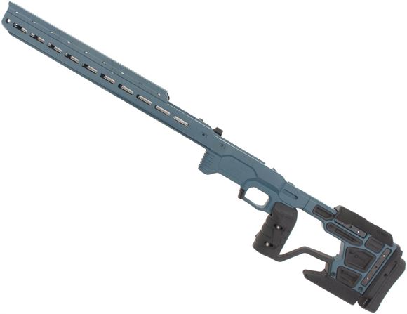 Picture of Used MDT ACC Elite Rem 700 SA Chassis, Right Handed, Titanium Blue, Rubber Buttstock Dampers, Custom Bar Rider, 3x Control Bridges, 1 Piece Internal Weight, MDT M-Lok 2 Round Shell Holder, Action Screw, Some Scratches Otherwise Very Good Condition