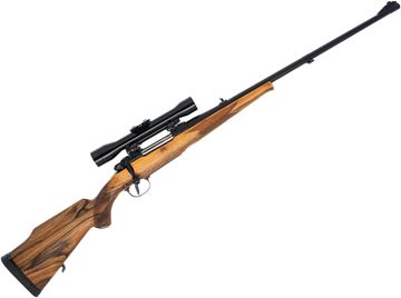Picture of Used BRNO ZKK 600 Bolt-Action Rifle - 30-06 Sprg, 24" Barrel, Black Cerakote Finish, Walnut Monte Carlo Stock, Jena ZF4 (E. German Zeiss) 4x Riflescope w/ #4 Reticle, Pop-up Rear Sight & Iron Sights, Set Trigger, 1967 Mfg, Very Good Condition