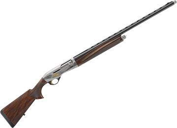 Picture of Benelli Montefeltro Silver Semi-Auto Shotgun - 12Ga, 3", 28", Vented Rib, Gloss Blued, Engraved Nickel-Plated Alloy Receiver With Gold Bird, Highly-Figured AA-Grade Walnut Stock, 4rds, Red-Bar Front & Metal Mid-Bead Sights, Crio Extended Chokes (IC,M,F)