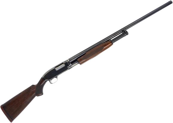 Picture of Used Winchester Model 12 Pump Action Shotgun - 12ga, 30" Solid Rib Barrel, 2 3/4" Chamber, Blued, Checkered Walnut Stock, Mfg 1950, Fixed Full Choke, Small Crack in Forend, Good Condition
