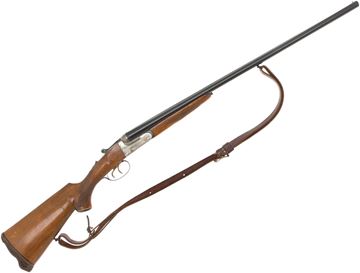 Picture of Used Globe Silver Eagle Side By Side Shotgun, 20ga. 3", 27.5" Blued Barrel, Engraved Silver Receiver, Double Trigger, Made in Spain, Checkered Semi Pistol Grip Wood Stock w/ Splinter Forend, Deformed Butt Pad,  Fixed F&M Chokes, Good Condition