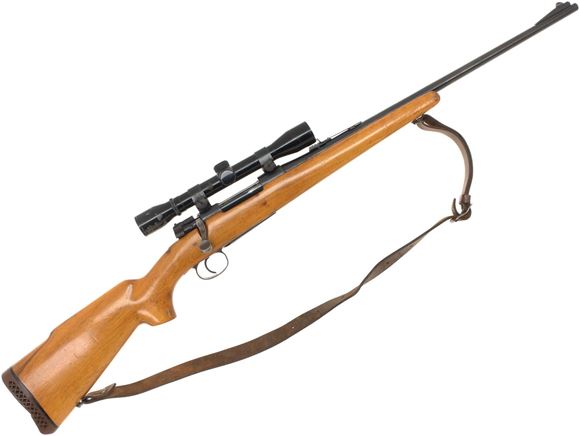 Picture of Used Globe Model 888 (Mauser) Bolt-Action Rifle - 308 WCF, 22" Barrel, Blued w/ Spot Rusting, Wood Stock, 4x32 Redfield Scope, Original Sights, Sling, Deformed Recoil Pad, Made In Austria, Good Condition