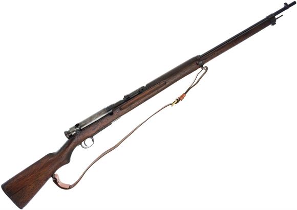 Picture of Used Arisaka Type 38 Bolt-Action Rifle - 6.5 Japanese, 31.5" Barrel, Blued, Full Military Wood Stock, Chrysanthemum Intact, Dust Cover, Adjustable Iron Sights, Kokura Factory, Reproduction Sling, 20rnds of Fired Brass, Soft Case, Fair Condition