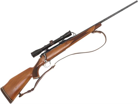Picture of Used Schultz & Larsen M65 DL Bolt-Action Rifle, 30-06 Sprg, 24'' Barrel, Blued, Wood Stock w/Rosewood Grip and Forend Cap, Leupold M8-4X Riflescope, Leather Sling, Good Condition